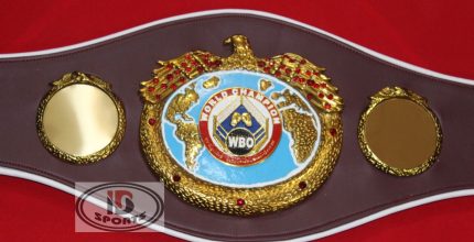 WBO Championship Belt Replica - full front view of gold eagle medallion on burgundy leather strap