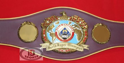 WBO Super Championship Belt Replica - full front view of gold eagle medallion on burgundy leather strap
