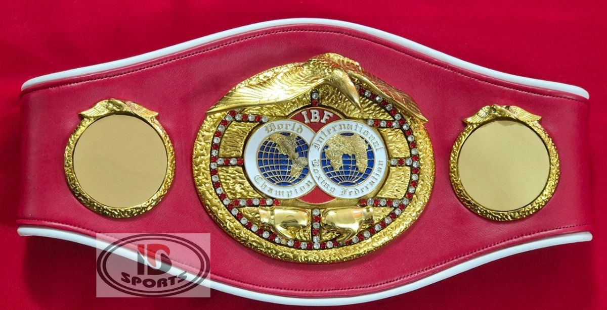 IBF championship belt replica with red leather strap and gold-plated center plate