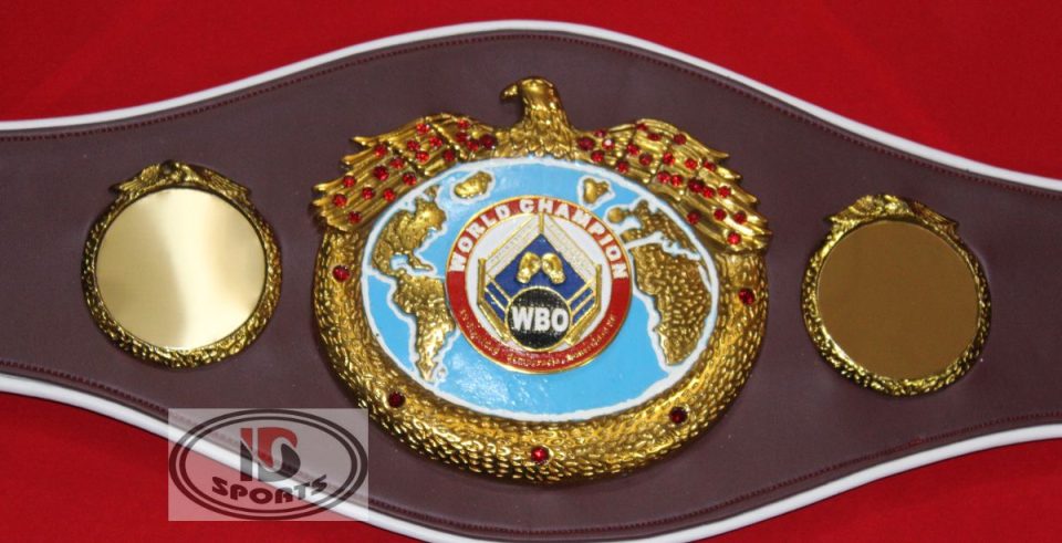 WBO championship belt replica with leather strap and gold-plated center plate