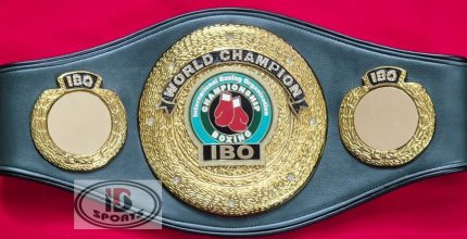 IBO World Championship Belt Replica - full front view of boxing gloves emblem medallion on black leather strap