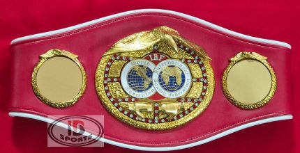IBF Championship Belt Replica - full front view of gold eagle medallion on red leather strap