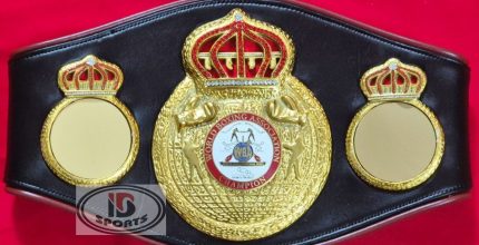 WBA Open Crown - full front view of open gold crown medallion on black leather strap