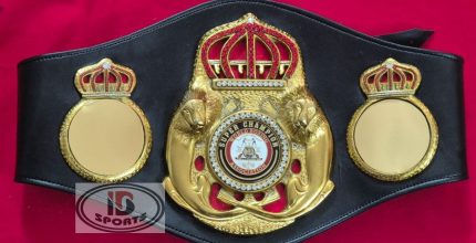 WBA Super Champion Lion Replica Belt - full front view of gold lion medallion on black leather strap