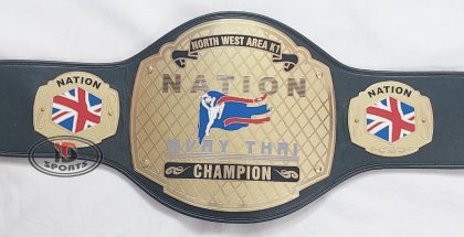 Custom championship belt with tan leather strap and gold plates