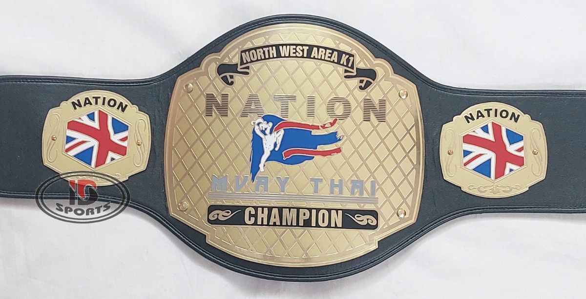 Custom championship belt with tan leather strap and gold plates