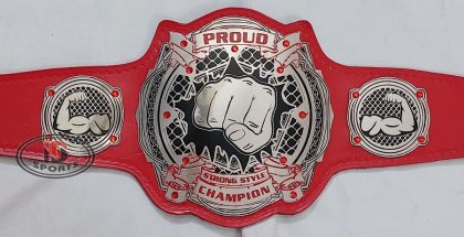 Custom championship belt with red leather strap and silver eagle crest