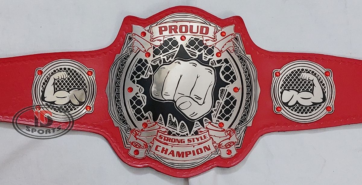 Custom championship belt with red leather strap and silver eagle crest