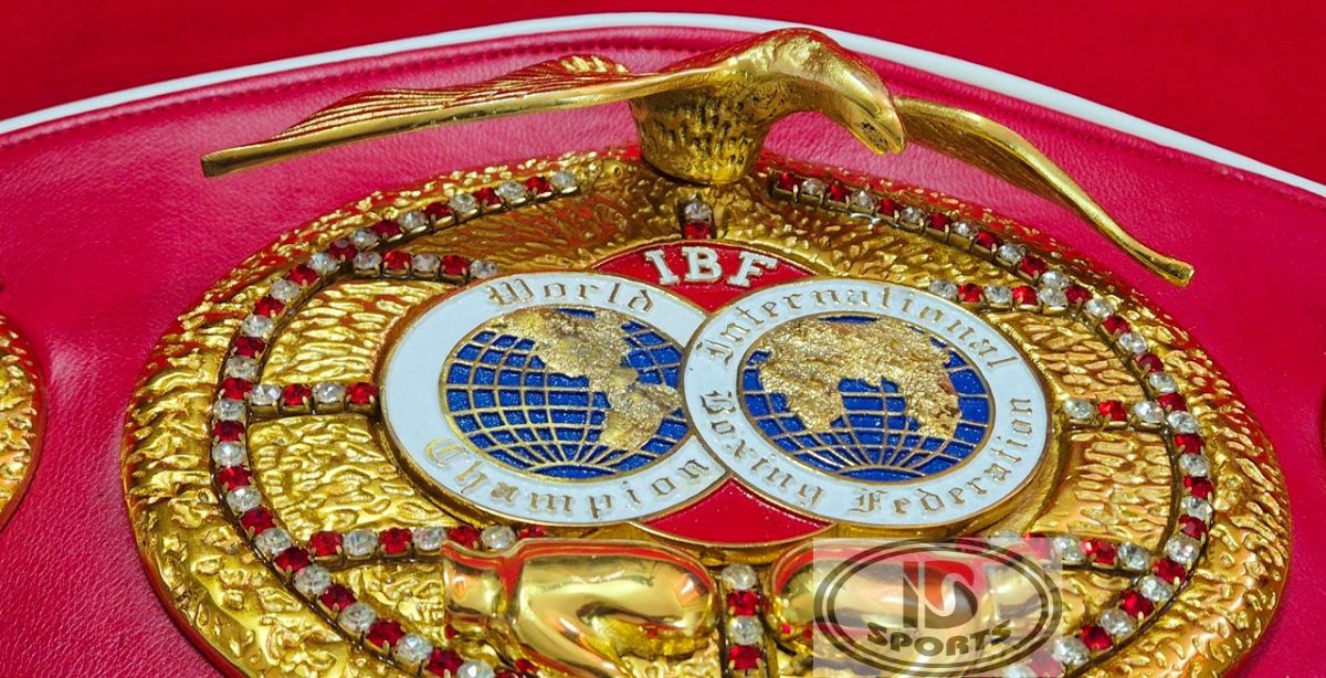 IBF championship belt replica, close-up of center plate