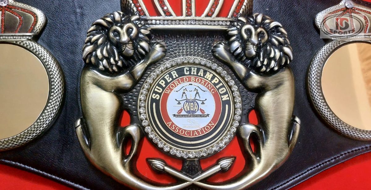 2 WBA Super Burned Lion championship belt replica, close-up of lion emblem