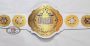 Custom championship belt with white leather strap, gold plates and red accents