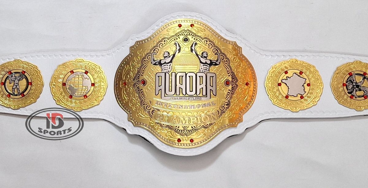 Custom championship belt with white leather strap, gold plates and red accents