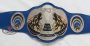 Custom championship belt with blue leather strap and gold eagle emblem