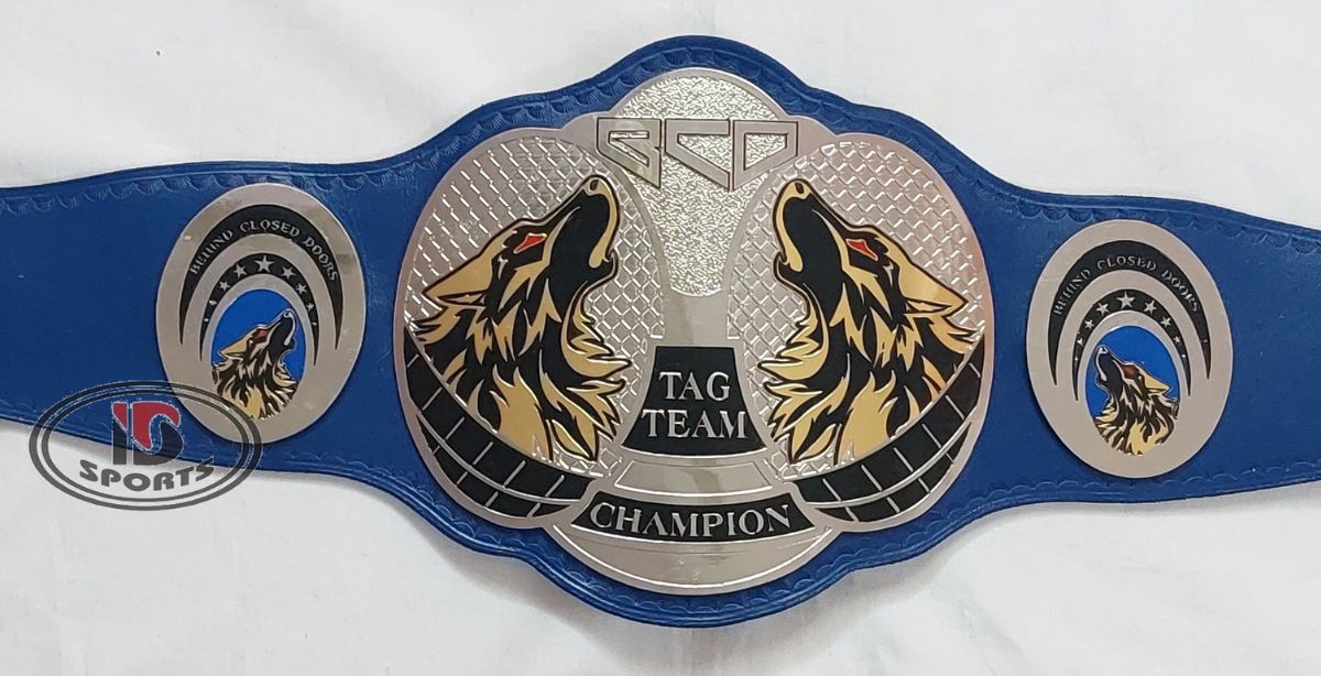 Custom championship belt with blue leather strap and gold eagle emblem
