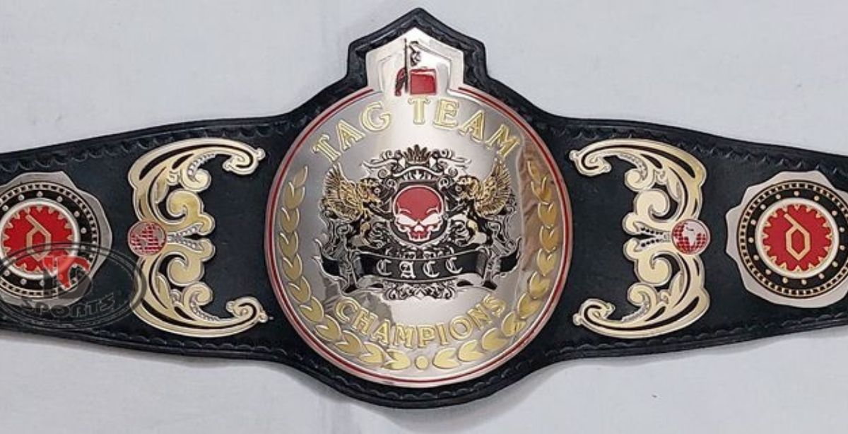 Custom championship belt with gold and purple patterned strap