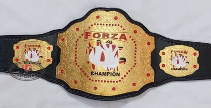 Custom championship belt with black strap, gold plates and flame design