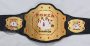 Custom championship belt with black strap, gold plates and flame design