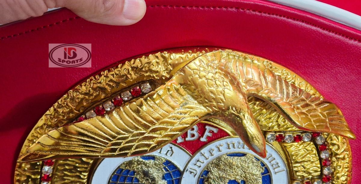IBF championship belt replica, full-length view