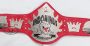 Custom championship belt with red leather strap and gold-and-white plates