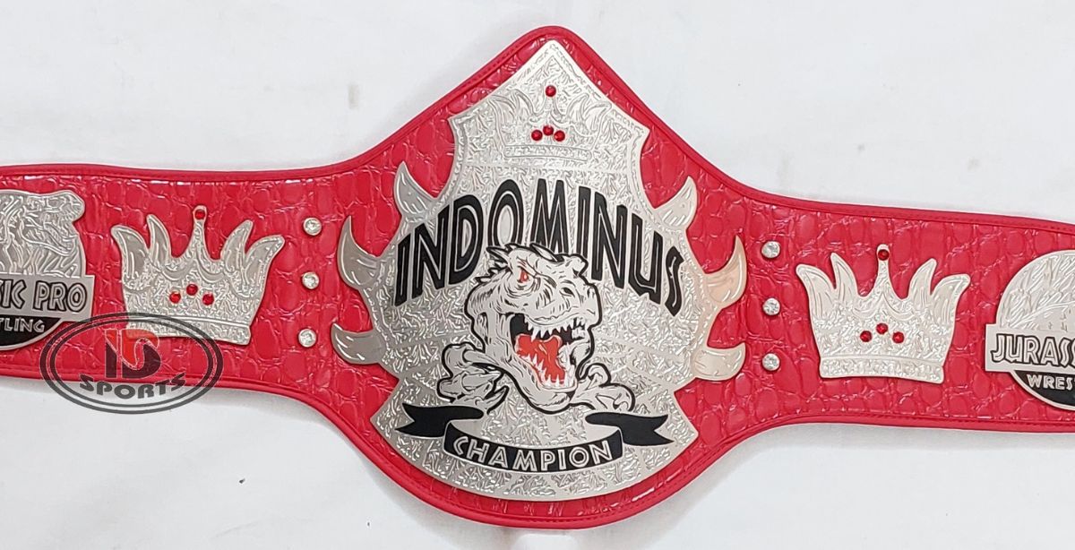 Custom championship belt with red leather strap and gold-and-white plates