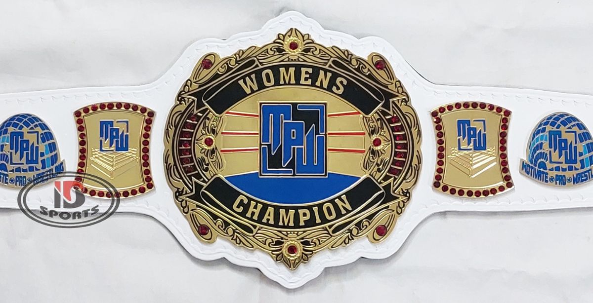 Custom championship belt with black strap and blue-and-gold crest plates
