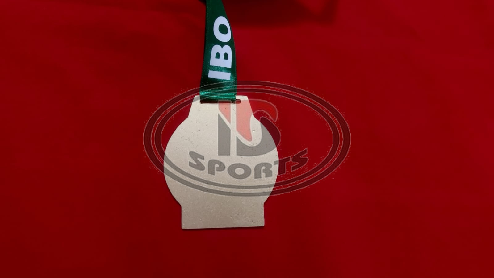 IBO custom brass medal, ribbon detail
