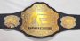 Custom championship belt with gold-plated plates and black leather strap