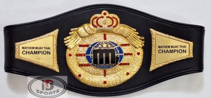 Custom Boxing Championship Belt Design 17 - black leather strap with a gold crown and wings medallion with a blue globe center emblem