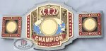 Custom Boxing Championship Belt Design 9 - light grey leather strap with an antique-finish gold and maroon relief medallion with pillars and a globe centerpiece beneath a "CHAMPION" banner