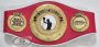 Custom boxing championship belt with red leather strap and gold boxing-glove emblem