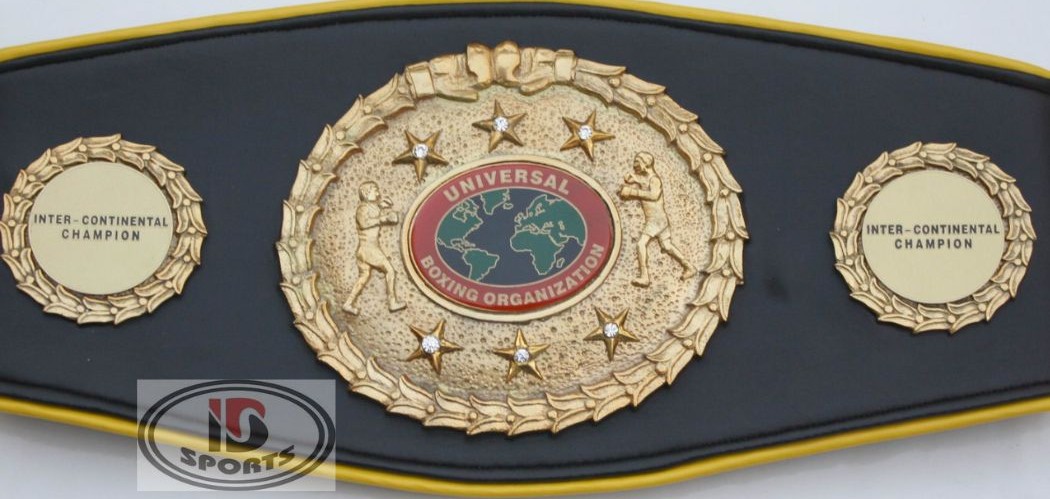 Custom boxing championship belt with black leather strap and gold medallion plates