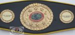 Custom Boxing Championship Belt Design 12 - black leather with yellow trim strap with a gold wreath medallion with boxer figures flanking a globe centerpiece