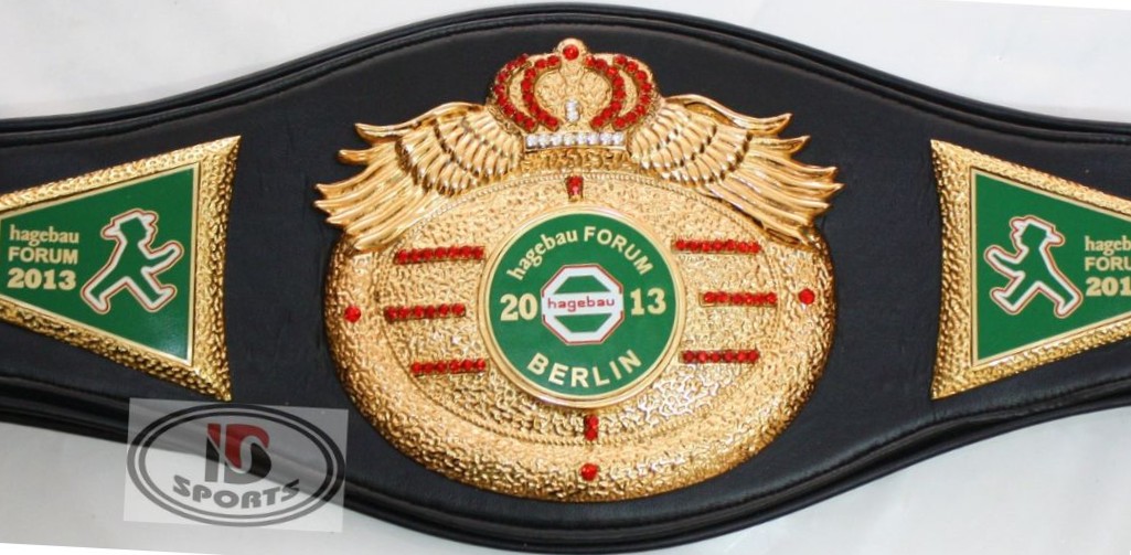 Custom boxing championship belt with dark green leather strap and gold plates