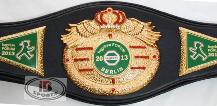 Custom Boxing Championship Belt Design 13 - black leather strap with a gold crown and wings medallion with a hexagonal center emblem