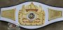 Custom boxing championship belt with cream leather strap and gold crown plates
