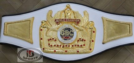 Custom Boxing Championship Belt Design 14 - white leather with black trim strap with a gold eagle medallion with raised wings and a globe center emblem featuring crossed boxing gloves