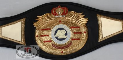 Custom Boxing Championship Belt Design 15 - black leather strap with a gold crown and wings medallion with a navy circular center emblem