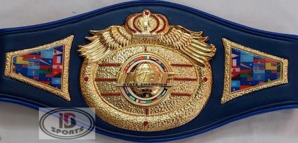 Custom Boxing Championship Belt Design 16 - navy blue leather strap with a gold crown and wings medallion with a globe center emblem