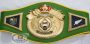 Custom boxing championship belt with dark green leather strap and gold laurel-wreath crest