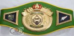 Custom Boxing Championship Belt Design 1 - green leather with yellow trim strap with a gold crown and wings medallion with a blue and red center emblem