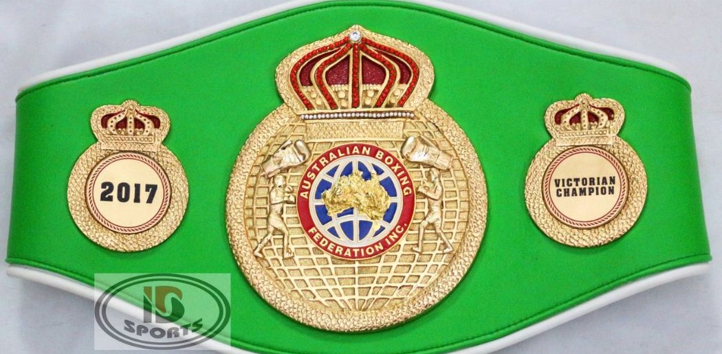 Custom boxing championship belt with bright green leather strap and gold crown emblem
