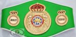 Custom Boxing Championship Belt Design 3 - bright green leather with white trim strap with a gold crown medallion with boxer figures flanking a globe centerpiece