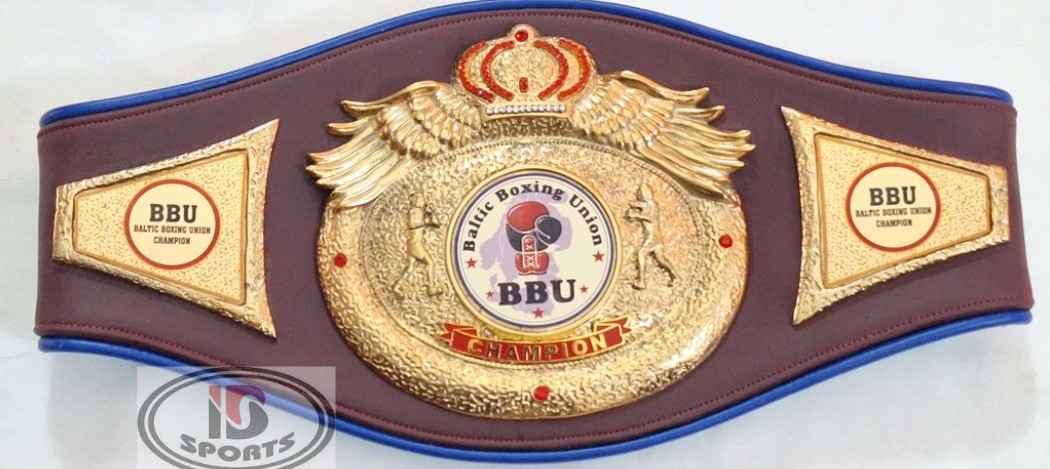 Custom boxing championship belt with maroon leather strap and gold round center plate