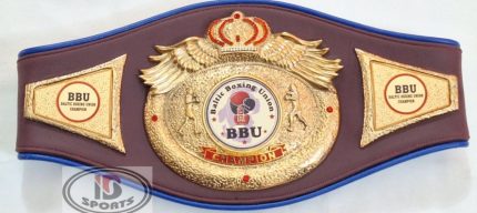 Custom Boxing Championship Belt Design 4 - burgundy leather with blue trim strap with a gold crown and wings medallion with boxer figures around an oval center emblem