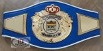 Custom Boxing Championship Belt Design 5 - blue leather with white trim strap with a gold crown and wings medallion with a shield-style center emblem