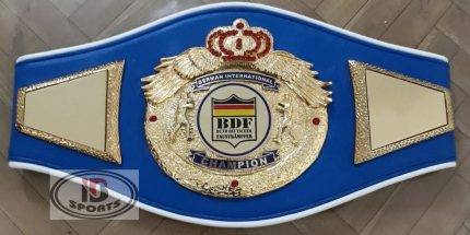 Custom Boxing Championship Belt Design 5 - blue leather with white trim strap with a gold crown and wings medallion with a shield-style center emblem