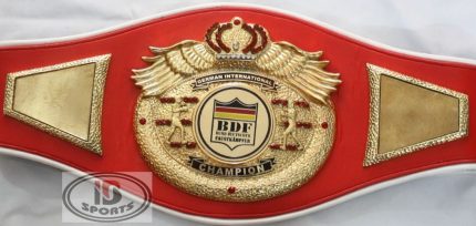 Custom Boxing Championship Belt Design 6 - red leather with white trim strap with a gold crown and wings medallion with a shield-style center emblem