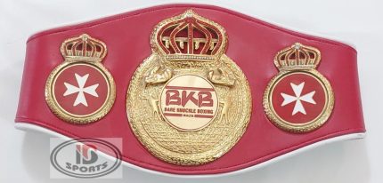 Custom Boxing Championship Belt Design 7 - red leather with white trim strap with a gold crown medallion with a cross emblem center