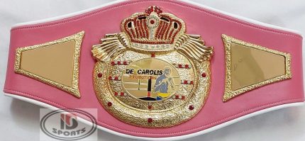 Custom Boxing Championship Belt Design 8 - pink leather with white trim strap with a gold crown and wings medallion with an oval boxer-figure center emblem