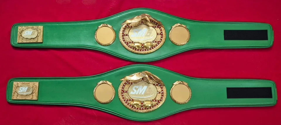 Finished fight night championship belt packed and ready to ship to a boxing gym in the UK